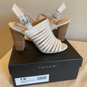 Tahari Makailyn Cream Leather Chunky Heel Sandal - Size 6M - Excellent Condition